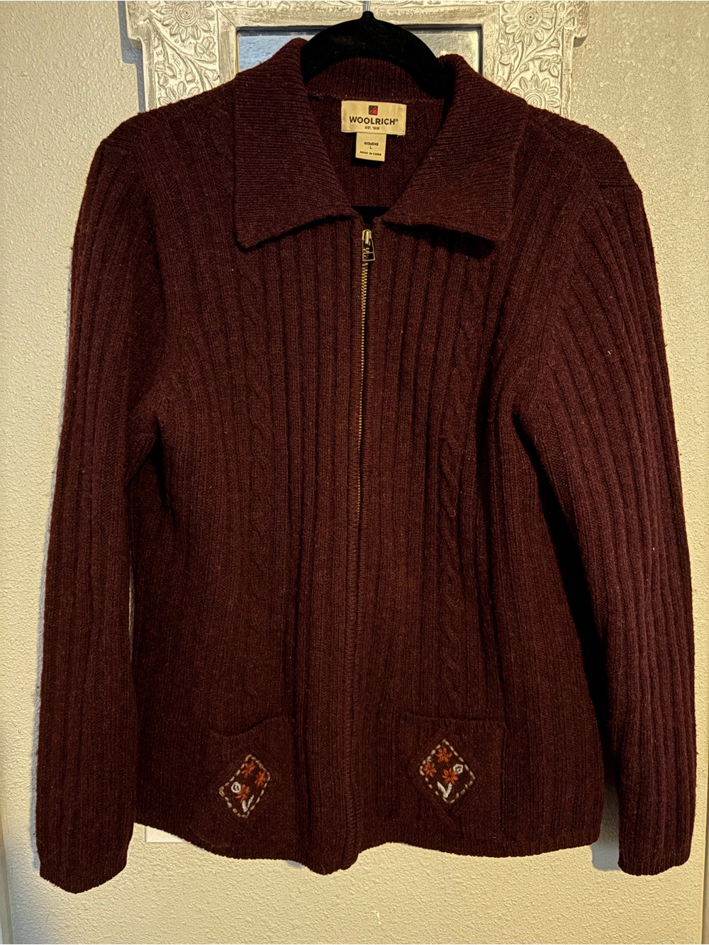 Woolrich Burgundy Ribbed Zip-Up Wool Jacket